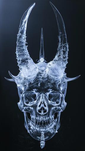 a spiked horned skull glass, closeup, x-ray, photonegative refractograph, horror --ar 9:16 --v 6.0