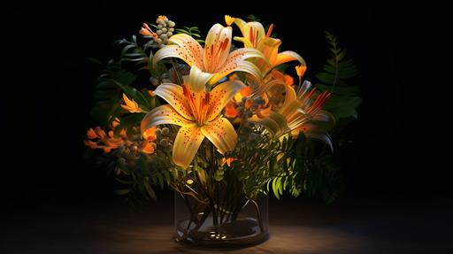 a spiral-shaped floral arrangement placed in a clear glass vase. The arrangement is composed of orange lilies, yellow daisies, and green ferns. The light comes from a nearby table lamp, creating a warm, cozy lighting effect. The style of the image is hyperrealistic, with a high level of detail and a 16K resolution. --ar 16:9 --v 5.1 --style raw --q 2 --s 750