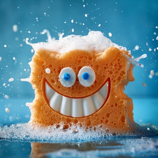 a sponge with soap suds and a smile on it's face big white teeth