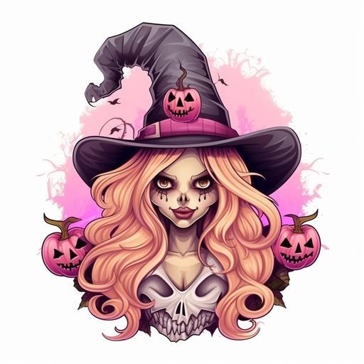 a spooky Halloween, a pink scary witch funny skull with blond hair color, witch hat, vector illustration on white background --c 35 --style raw --v 5.2