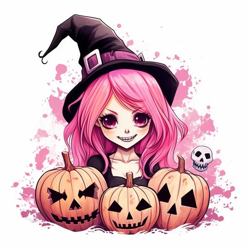 a spooky Halloween, a pink scary witch funny skull with blond hair color, witch hat, vector illustration on white background --c 35 --style raw --v 5.2