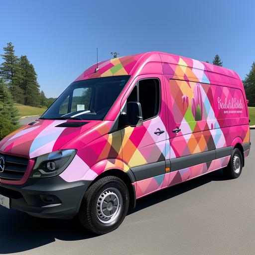 a sprinter delivery van wrapped with a traditional argyle pattern of pink, red and green. the van is delivering drinks to a golf course
