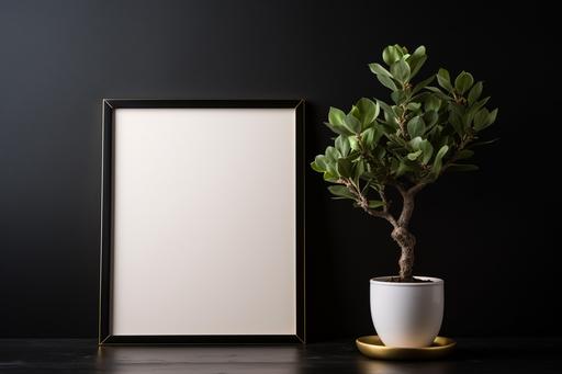 a square golden frame with a bonsai with pink flower potted plant next to it, in the style of black dotted background, minimalist backgrounds, light white, intentionally canvas, collecting and modes of display --ar 3:2
