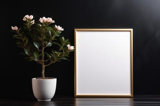 a square golden frame with a bonsai with pink flower potted plant next to it, in the style of black dotted background, minimalist backgrounds, light white, intentionally canvas, collecting and modes of display --ar 3:2