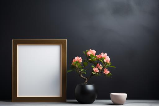 a square golden frame with a very old bonsai with pink flower potted plant next to it, in the style of black dotted background, minimalist backgrounds, light white, intentionally canvas, collecting and modes of display --ar 3:2