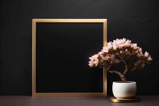 a square golden frame with a very old bonsai with pink flower potted plant next to it, in the style of black dotted background, minimalist backgrounds, light white, intentionally canvas, collecting and modes of display --ar 3:2