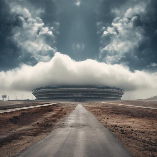 a stadium with an evelope of clouds, road, Ariel Huber photography --v 5.1