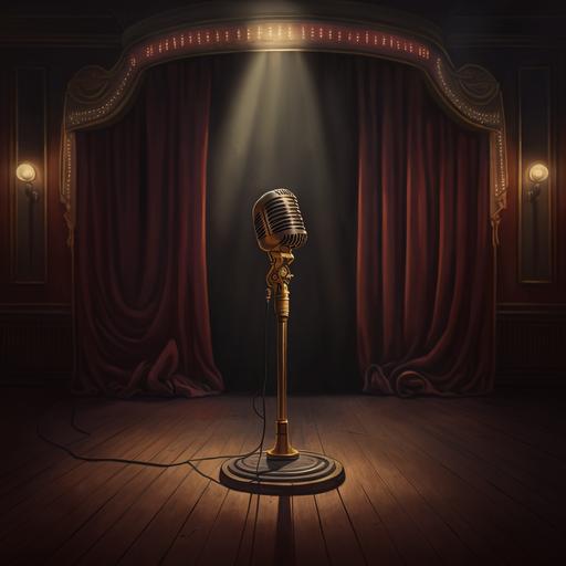 a stage, dark, with an old microphone standing in the center, the only light on the stage is a reflector that illuminates the microphone. In the background you can see the red and gold velvet curtain