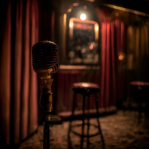 a stage, dark, with an old microphone standing in the center, the only light on the stage is a reflector that illuminates the microphone. In the background you can see the red and gold velvet curtain. shot on a Sony mirrorless camera, DSLR, 50mm lens f/2.8, ultra detailed, 8k, at night — v 5