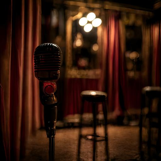 a stage, dark, with an old microphone standing in the center, the only light on the stage is a reflector that illuminates the microphone. In the background you can see the red and gold velvet curtain. shot on a Sony mirrorless camera, DSLR, 50mm lens f/2.8, ultra detailed, 8k, at night — v 5