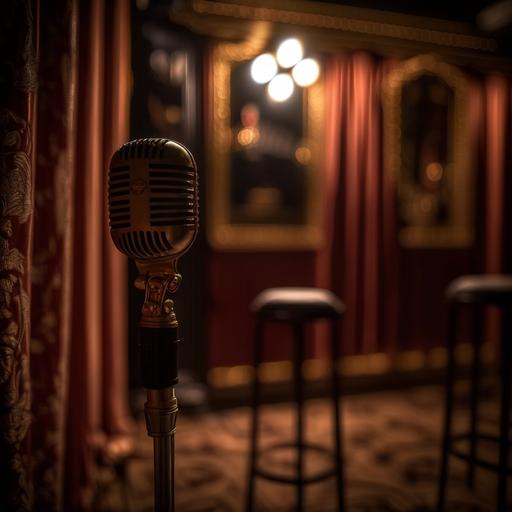 a stage, dark, with an old microphone standing in the center, the only light on the stage is a reflector that illuminates the microphone. In the background you can see the red and gold velvet curtain. shot on a Sony mirrorless camera, DSLR, 50mm lens f/2.8, ultra detailed, 8k, at night — v 5