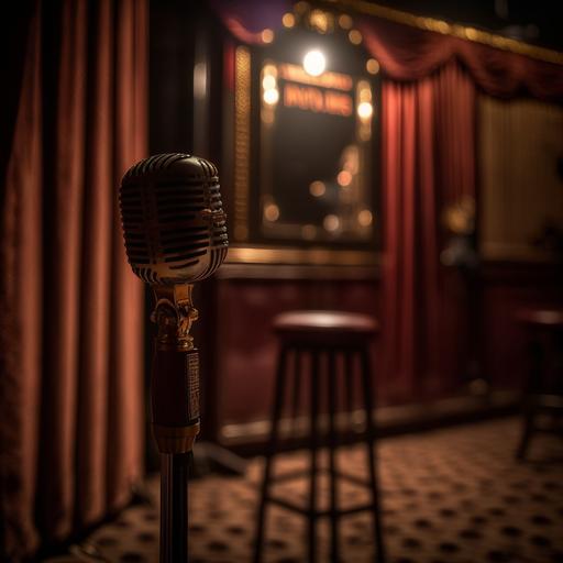 a stage, dark, with an old microphone standing in the center, the only light on the stage is a reflector that illuminates the microphone. In the background you can see the red and gold velvet curtain. shot on a Sony mirrorless camera, DSLR, 50mm lens f/2.8, ultra detailed, 8k, at night — v 5