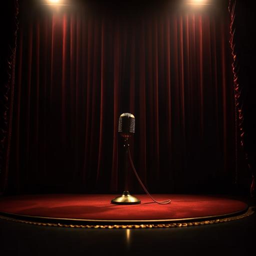 a stage, dark, with an old microphone standing in the center, the only light on the stage is a reflector that illuminates the microphone. In the background you can see the red and gold velvet curtain. detailed textures,dramatic lighting, casting strong shadows and highlights, F 1.2, candid 8k, Nikon D850 DSLR 4k camera,100mm lens. --v 5