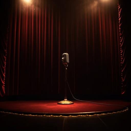 a stage, dark, with an old microphone standing in the center, the only light on the stage is a reflector that illuminates the microphone. In the background you can see the red and gold velvet curtain. detailed textures,dramatic lighting, casting strong shadows and highlights, F 1.2, candid 8k, Nikon D850 DSLR 4k camera,100mm lens. --v 5