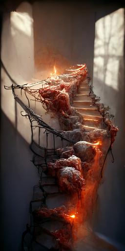 a stairway made of meat, bones and sinew:: faces visibly in agony:: barbed wire binding it together:: lit by lava pouring down the stairs:: unreal engine 5 CGI realistic, volumetric lighting --q 5 --ar 9:17 --uplight