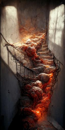 a stairway made of meat, bones and sinew:: faces visibly in agony:: barbed wire binding it together:: lit by lava pouring down the stairs:: unreal engine 5 CGI realistic, volumetric lighting --q 5 --ar 9:17
