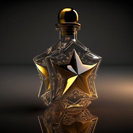 a star-shaped perfume man bottle blender render,HDR10,ultra detailed, ultra realistic studio lighting, tracing reflections-testp