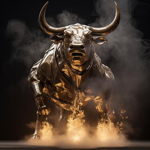 a statue of a bull with geometric features hand hammered made of brass raging into frame smoke and fire billowing from its snout forward perspective