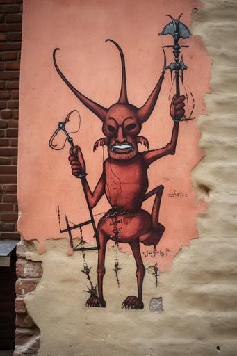 a steampunk devil with a pitchfork hung on a city wall, in the style of trompe-l'œil graffiti, minimalist cartooning, carl eugen keel, masks and totems, duckcore --ar 2:3 --v 5 --uplight --v 4