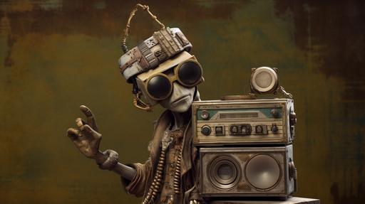 a steampunk style humanoid with a 1980's style boombox for a head --ar 16:9