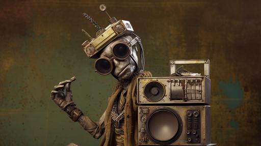 a steampunk style humanoid with a 1980's style boombox for a head --ar 16:9