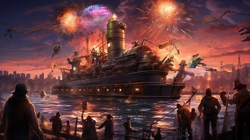 a steampunk submarine entering a harbor, a large crowd cheering, falgs waving, fireworks in the background --ar 16:9