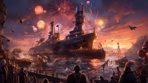 a steampunk submarine entering a harbor, a large crowd cheering, falgs waving, fireworks in the background --ar 16:9