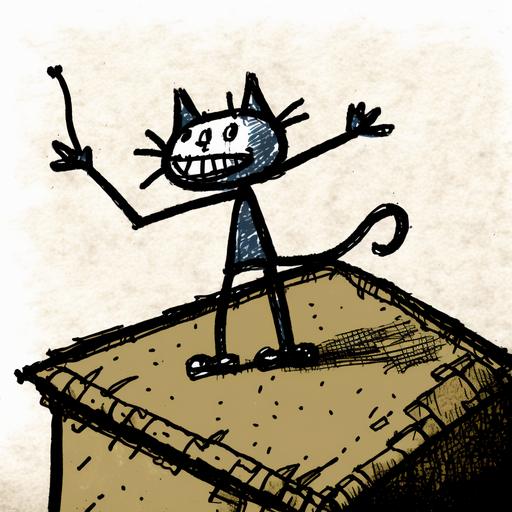 a stick figure cat on top of a roof, draw like a child