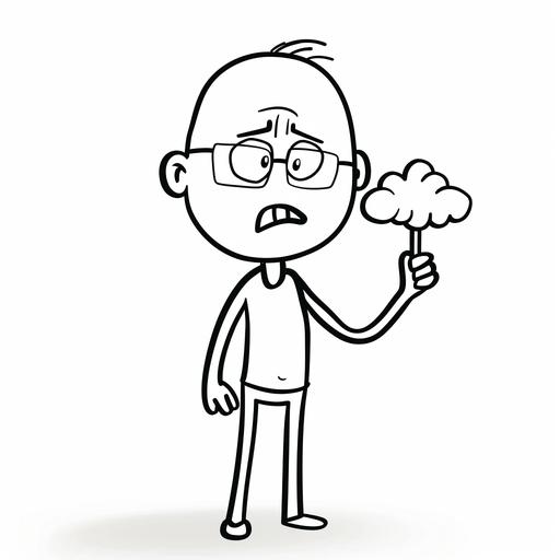 a stick figure holding a cloud under his arm, wearing glasses, worried face, solid white background --no shadow