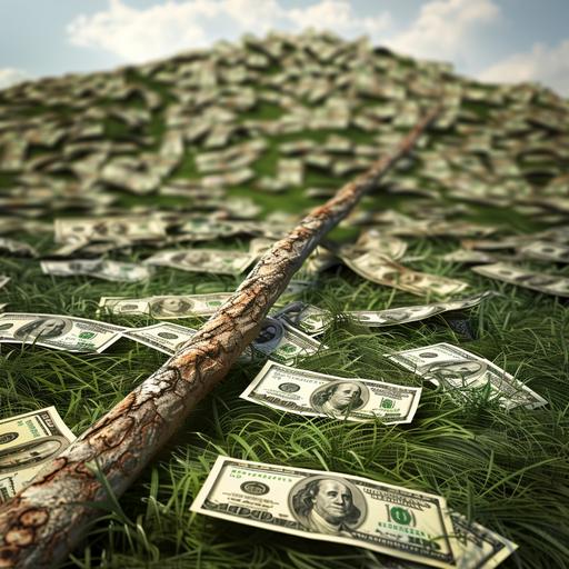 a stick laying on grass in front of a large pile of money