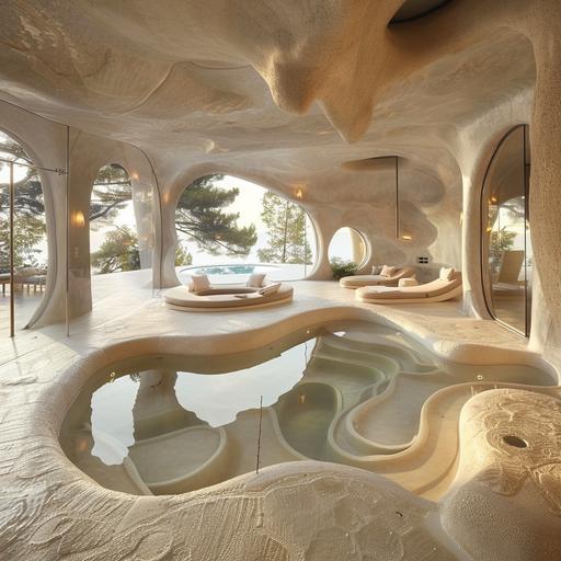 a stick on the floor of a French coast megamansion underground spa, large windows, hot tub luxury design