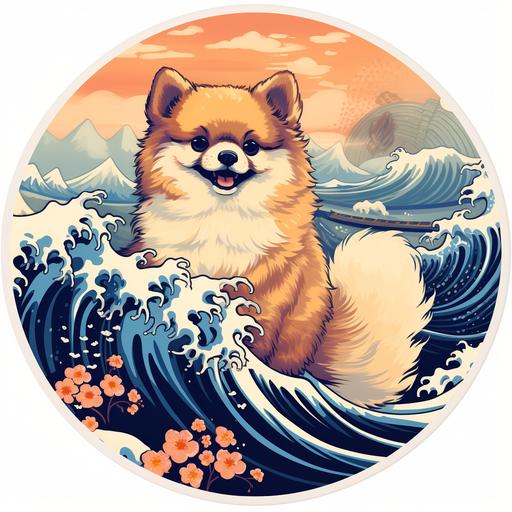 a sticker of a cute fluffy small Pomeranian surfing on hokusai’s great wave
