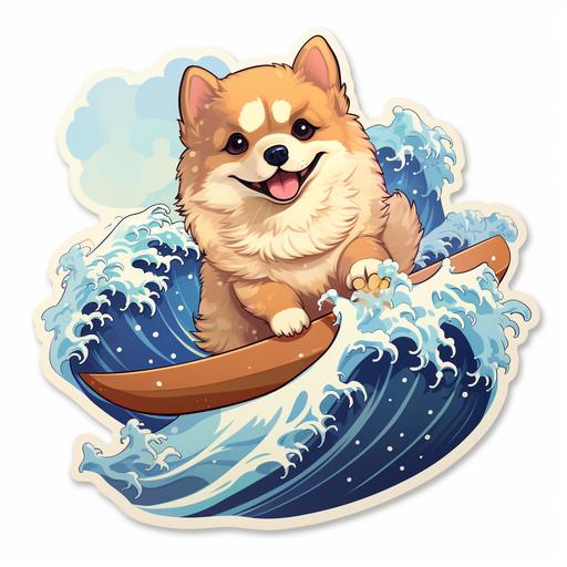 a sticker of a cute fluffy small Pomeranian surfing on hokusai’s great wave