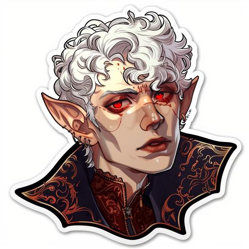 a sticker of a male elf vampire with white medium-short curly ish white hair, red iris, middle aged, regal attire, sticker art design, illuminating style, in the style of anime aesthetic, glossy illustration, sticker art design, white background, in the style of die-cut stickers --v 6.0