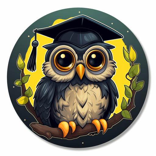 a sticker of a wiselooking owl with big round eyes perched on a branch and wearing a graduation cap