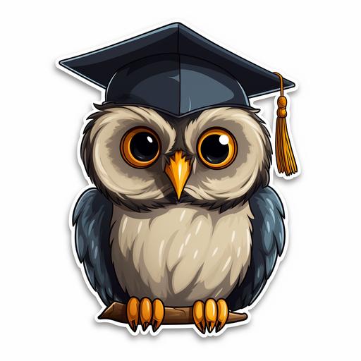 a sticker of a wiselooking owl with big round eyes perched on a branch and wearing a graduation cap