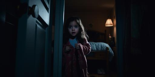 a still from a movie, full-body, POV shot, a baby girl is pushing open the door to her parents' room, she is wearing pijamas and holding a blanket, nighttime, nightlight, dark --style raw --ar 2:1 --no cartoon