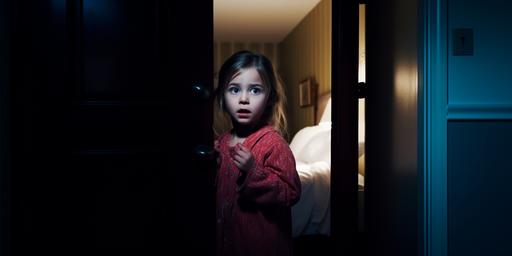 a still from a movie, full-body close up shot of a baby girl is pushing a door open, she is wearing pijamas, nighttime, dark, warm tones --style raw --ar 2:1  --no cartoon --no bed