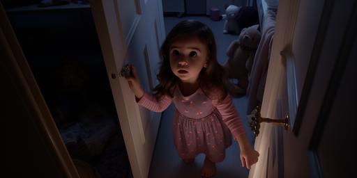 a still from a movie high-angle, full-body, POV shot, a baby girl is pushing open the door to her parents' room, she is wearing pijamas and holding a blanket, nighttime, nightlight, dark --style raw --ar 2:1 --no cartoon