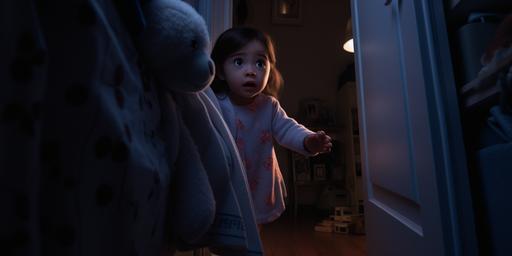 a still from a movie high-angle, full-body, POV shot, a baby girl is pushing open the door to her parents' room, she is wearing pijamas and holding a blanket, nighttime, nightlight, dark --style raw --ar 2:1 --no cartoon