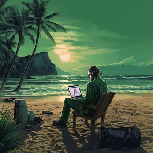 a stock illustration of a man in the beach with a laptop green tones