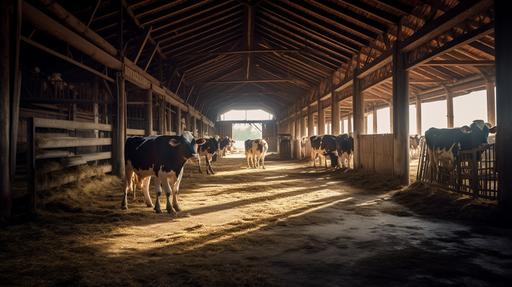 a stock image of the inside of a cow barn's resting area where cows rest. non symmetrical. Very real. shot with a dslr. Casual. Non dramatic. landscape orientation. Bright and very Well lit. Afternoon. Shot from the backside of the cows. Cows looking away from the camera. slightly Wide angle shot. Cows resting. clean floor. Ultra HD. --quality 1 --ar 16:9