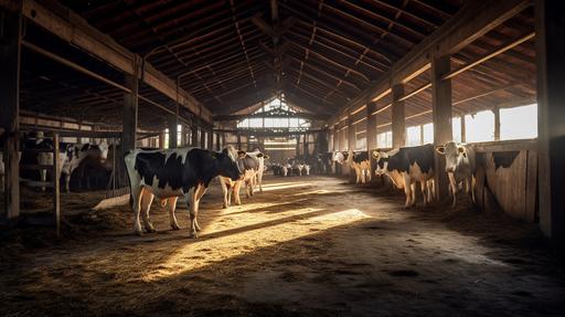 a stock image of the inside of a cow barn's resting area where cows rest. non symmetrical. Very real. shot with a dslr. Casual. Non dramatic. landscape orientation. Bright and very Well lit. Afternoon. Shot from the backside of the cows. Cows looking away from the camera. slightly Wide angle shot. Cows resting. clean floor. Ultra HD. --quality 1 --ar 16:9