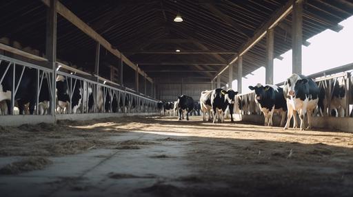 a stock image of the inside of a cow barn's resting area where cows rest. non symmetrical. Very real. shot with a dslr. Casual. Non dramatic. landscape orientation. Bright and very Well lit. Afternoon. Shot from the backside of the cows. Cows looking away from the camera. Wide angle shot. Cows resting. clean floor. Ultra HD. --quality 1 --ar 16:9