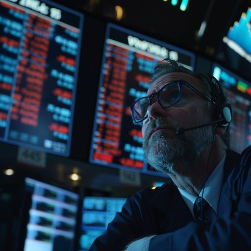 a stock trader looking worried among screens with red numbers inside wall street exchange, economic crisis, ultra mega realistic, 4k
