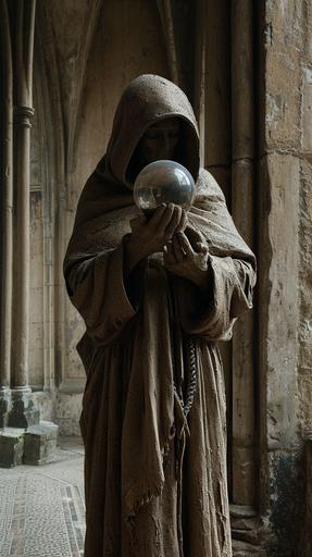 a stoneware medieval monk with no visible face under the hood, only white eyes and holding a glass ball with both hands, full length photo in a cathedral with natural ominous lighting, highly detailed and intricate --ar 9:16 --v 6.0