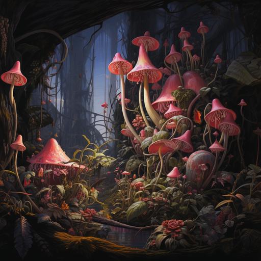 a stoneware pitcher plant surrounded by bromeliads in a Carboniferous Zombie Santa forest, liminal space, pop style