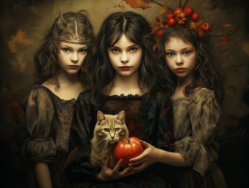 a story of 3 girls, with 2 apples and a cat in painting style --ar 4:3