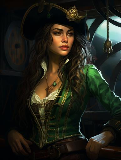 a stout female fantasy pirate captain, pirate outfit that's mostly green, wearing a big decorated pirate hat, green eyes, brown hair, standing in a captain's cabin, next to some navigation equipment --ar 3:4
