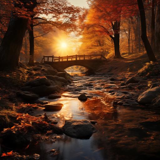a stream runs under an old wooden bridge in an autumn forest, next to it stands an abandoned cabin, by Alexander Brook, shutterstock contest winner, hudson river school, warm sunset colors, 8 k vertical wallpaper, sunny amber morning light, landscape photography 4k, early autumn, an ancient, 4k. high quality, glowing amber, sunset in a valley, beautiful image --s 250 --v 5.2 --style raw